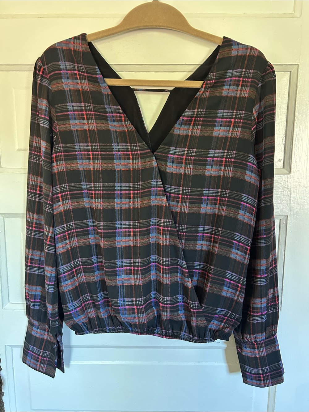 Peyton Jensen Wrap-Front Plaid Blouse in Black with Pink and Blue Accents. Small